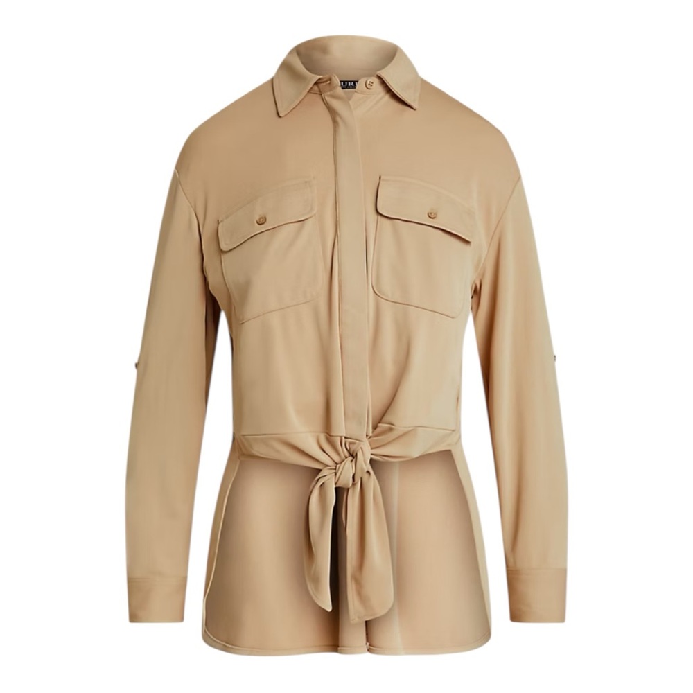 Lauren Ralph Lauren Tan Tie Front Stretch Jersey Shirt XXL